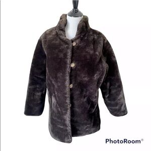 Womens Vintage Sz Large Coat Jacket Brown Plush Faux Fur Pile Teddy Button EUC